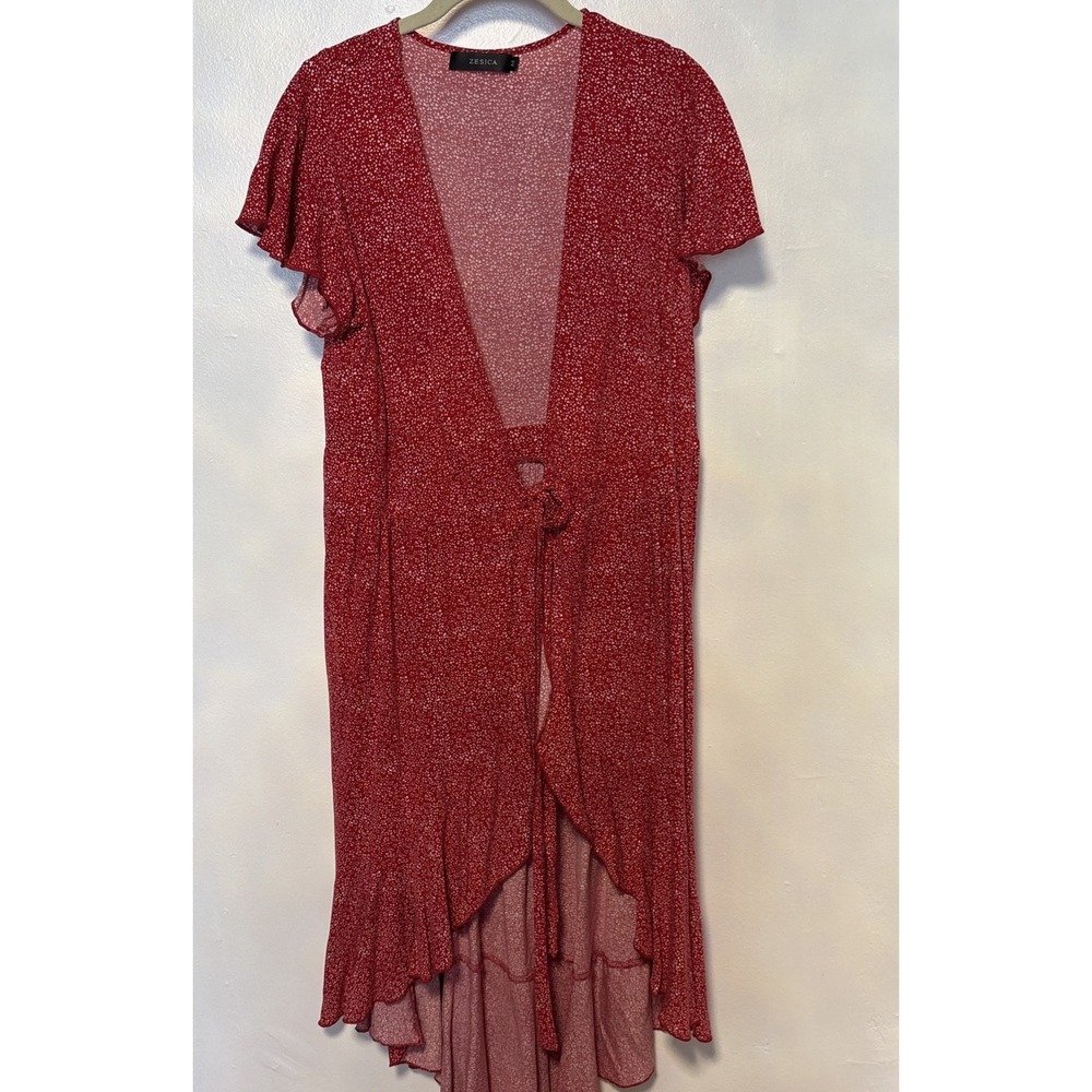 ZESICA Wrap Maxi Dress Red Floral Size Medium Flutter Sleeves Boho‎ Bohemian New